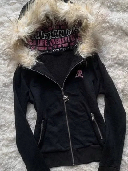Fur Collar Zipper Hooded Sweatshirt Graphic Print Regular Fit