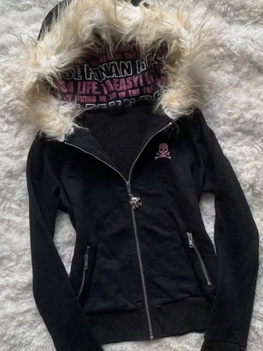 Fur Collar Zipper Hooded Sweatshirt Graphic Print Regular Fit