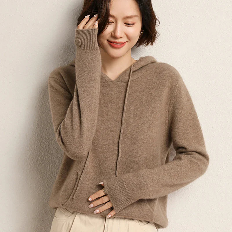 Round Neck Cashmere Hoodie Long Sleeve Slim Fit Pullover with Pocket