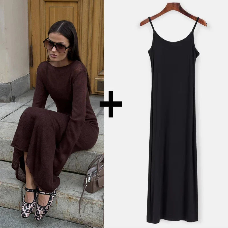 Knit Sweater Midi Dress Round Neck Long Sleeve Loose Hollow-Out