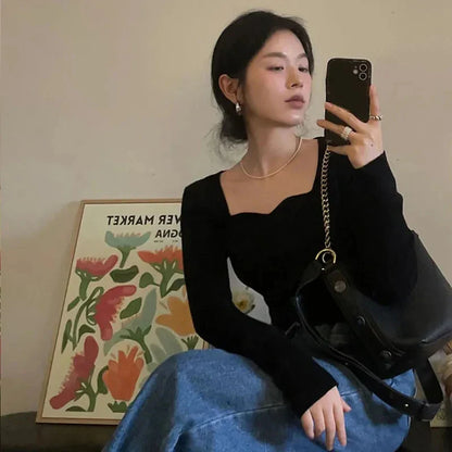 Square Collar Cropped Knit Sweater Long Sleeve Slim Fit Pullover