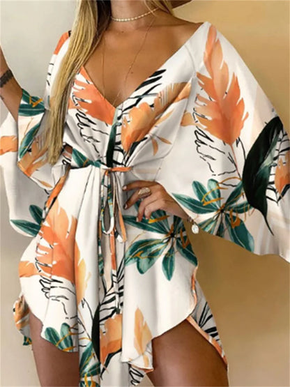 Floral Print V-Neck Batwing Sleeve Loose Mini Dress
