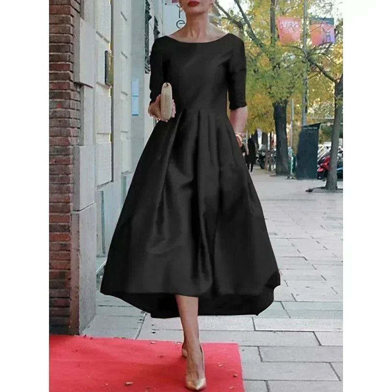 Women's A-Line Midi Dress Half Sleeves O-Neck Pleated Elegant Evening Dress