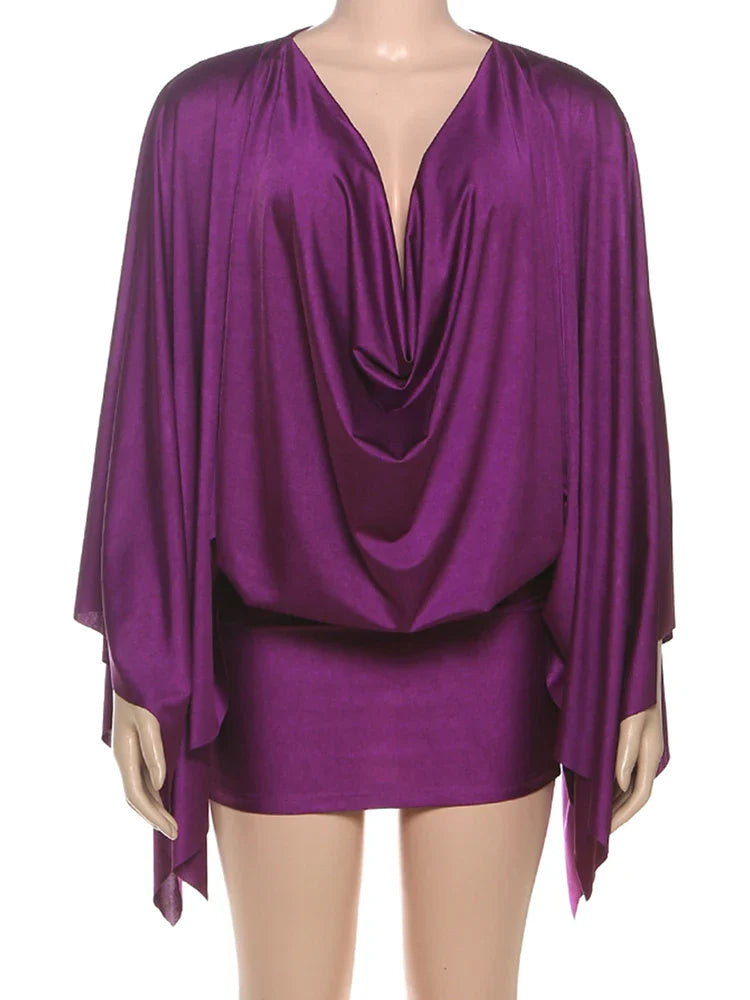 Elegant Satin V-Neck Dress Long Sleeve Asymmetrical Mini Y2K Bodycon