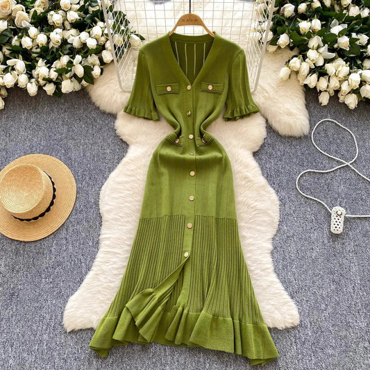V-Neck Button Ruffle Knit Midi Sweater Dress