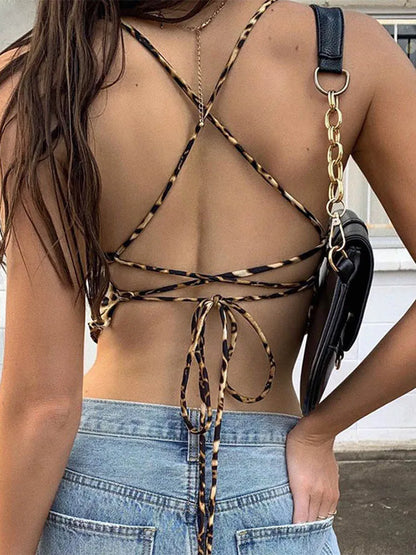 Leopard Pattern Backless Sexy Sleeveless Cross Lace-Up Bralette Crop Top Rave Streetwear