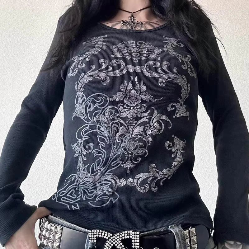 Goth Thermal T-shirt Skulls Graphic Print Long Sleeve Pullovers Tops Women 90s Vintage Aesthetic Tees