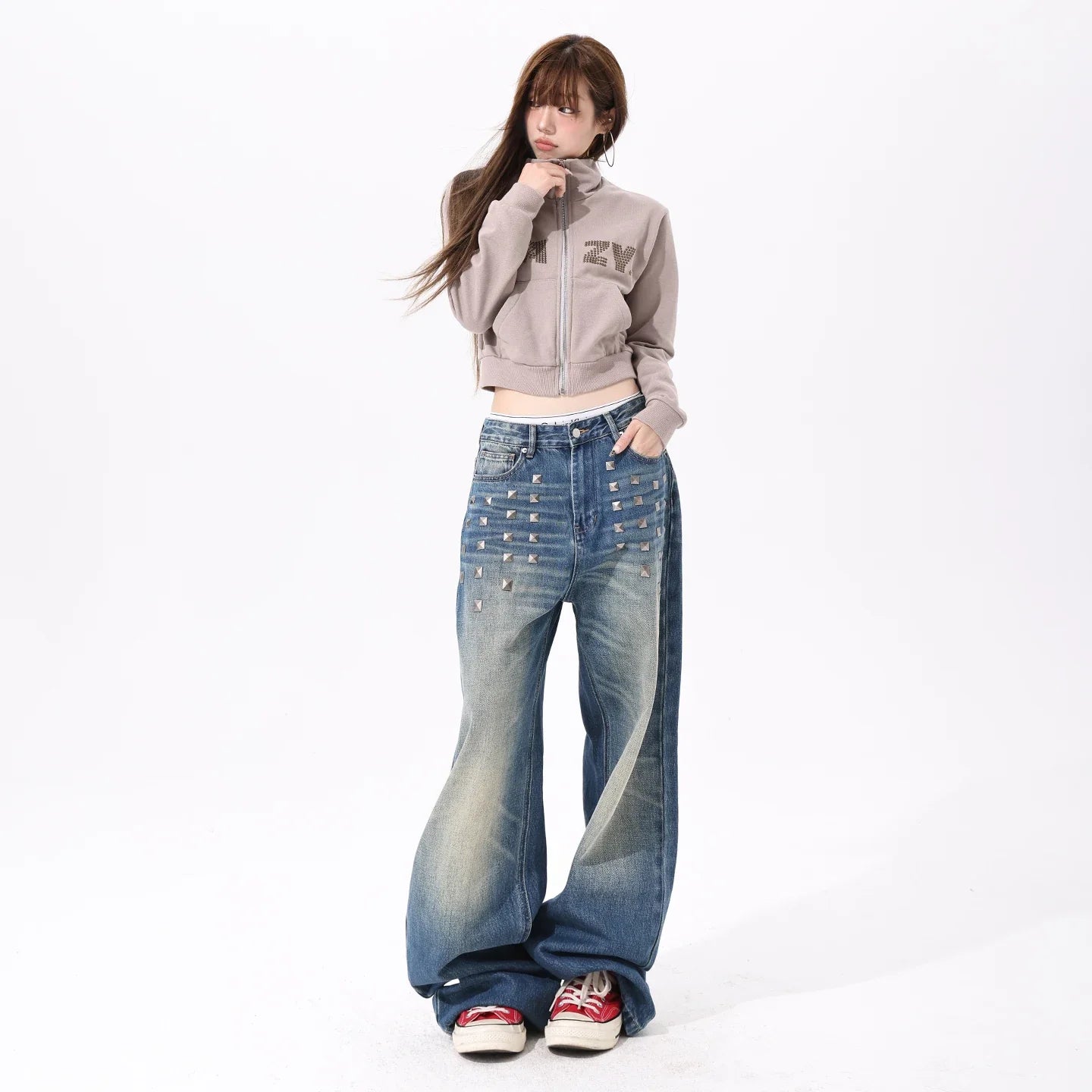 Retro Distressed Wide-Leg Jeans