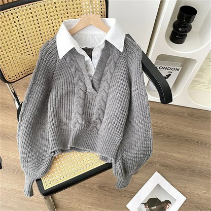 Turn-Down Collar Layered Knit Sweater Long Sleeve Slim Fit