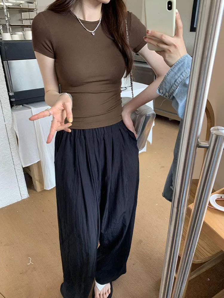 Crew Neck Short Sleeve Slim Solid Crop Tee