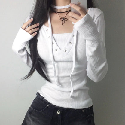 Women's Drawstring Grommet Long-Sleeve Top