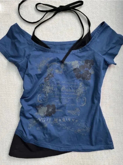 Vintage Y2K Halter Lace-Up Off-Shoulder Tee