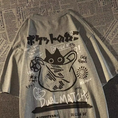 Japanese Retro Pocket Cat Print Oversized Tee