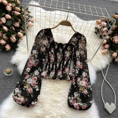 Pink Floral Chiffon Blouse Women Square Collar Lantern Sleeve Korean Fashion