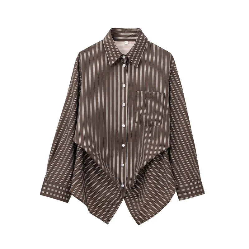 Women's Striped Button-Up Shirt - Long Sleeve Turn-Down Collar Blouse