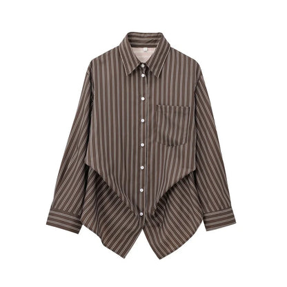 Women's Striped Button-Up Shirt - Long Sleeve Turn-Down Collar Blouse