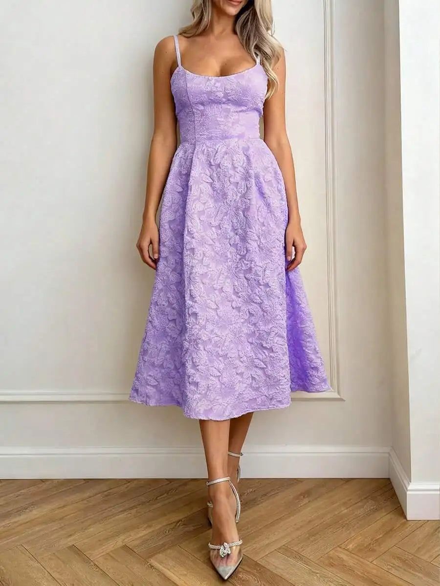 Elegant Solid Color French Style Sling Midi Dress with Waist Detail