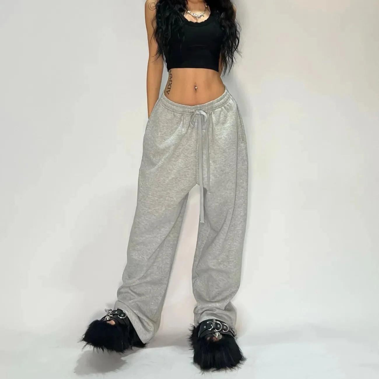 Cargo Pants Wide Leg Mid Waist Drawstring Pockets Loose Fit