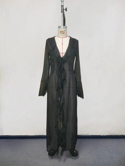 New Chiffon Tunic Beach Cover Up Cover-ups Dress Sunscreen Beachwear Womens Clothing Sexy V Neck Ruffled Long Sleeve Black White