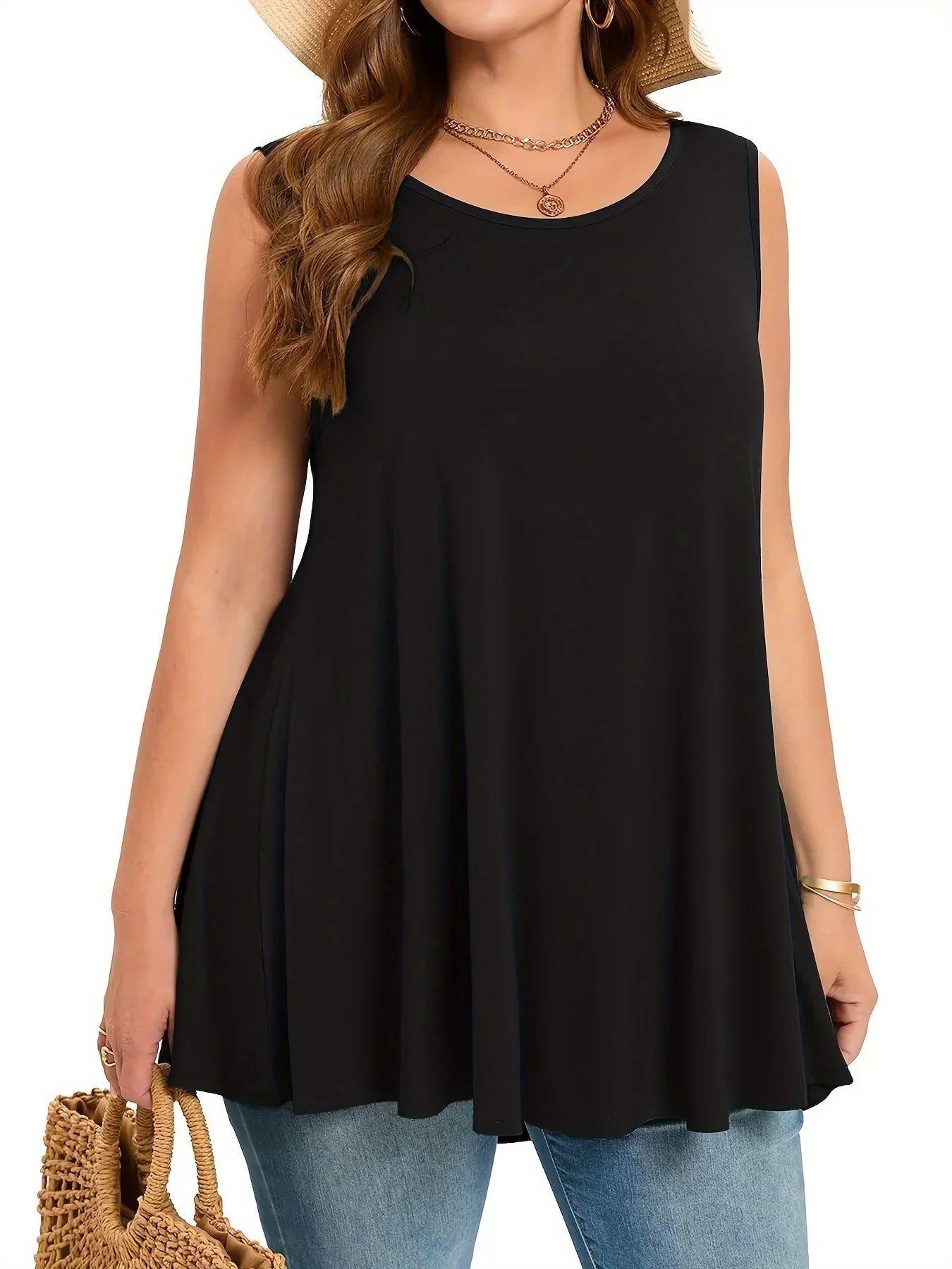 Plus Size Solid Tank Top Women Casual Crew Neck Sleeveless