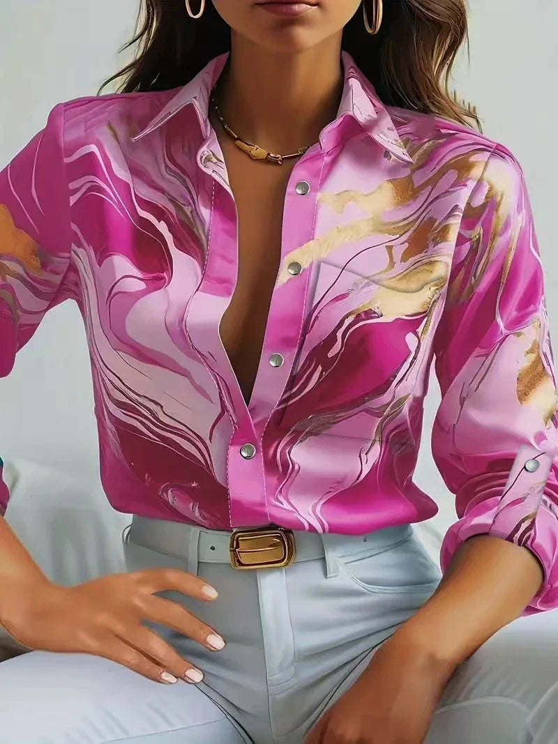 Print V-Neck Button Long Sleeve Blouse