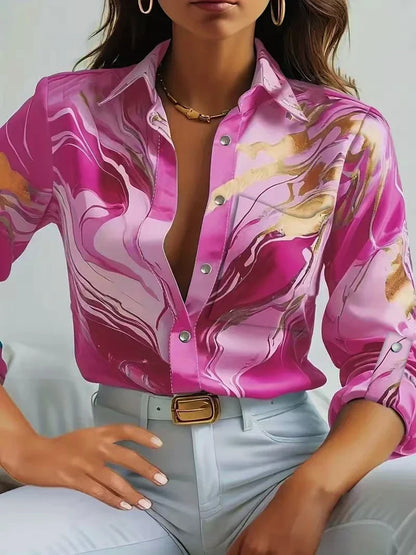 Print V-Neck Button Long Sleeve Blouse