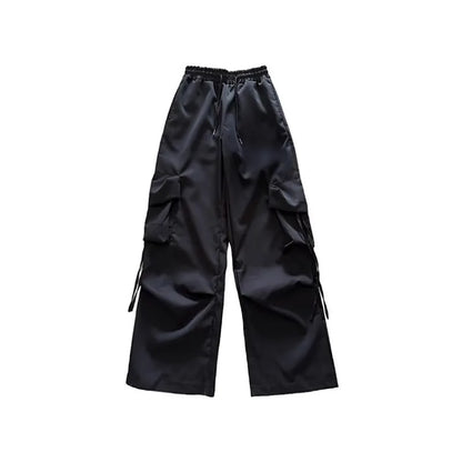 Mid Waist Cargo Pants Loose Fit Big Pockets Elastic Waist Ankle Length