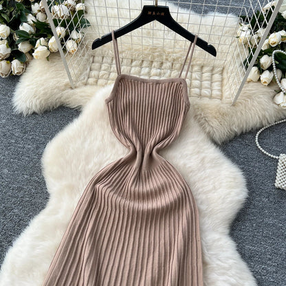 Knitted Pleated Midi Dress High Waist Sleeveless Sling Dress Women Bodycon Streetwear