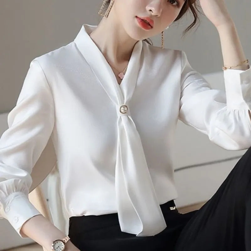 Women's Bow Tie Collar Blouse - Long Sleeve Casual Top