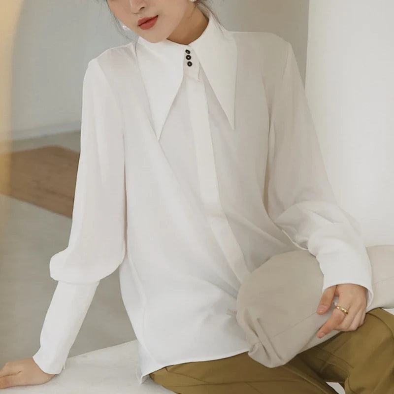 Women's Satin Button-Up Blouse - Long Sleeve Turn-Down Collar Shirt