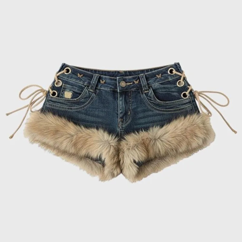 Y2K Denim Shorts Women Low Rise Fluffy Splicing Strap Slim Hot Pants