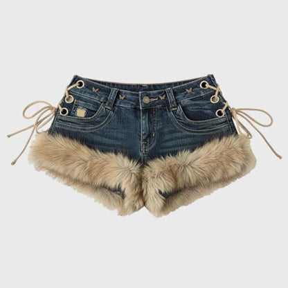 Y2K Denim Shorts Women Low Rise Fluffy Splicing Strap Slim Hot Pants