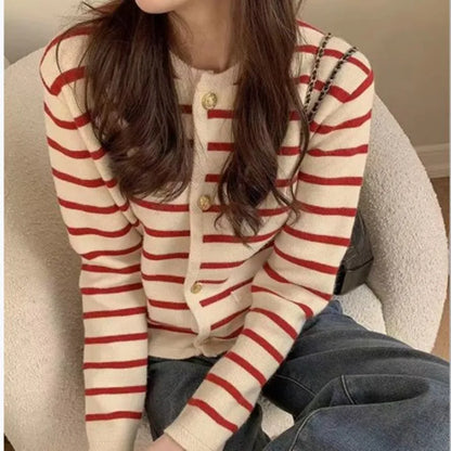 Women's Stripe Knitted Cardigan - Long Sleeve Button-Up Sweater