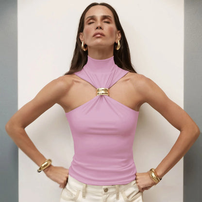 Turtleneck Metal Ring Sleeveless Knit Crop Tank Top