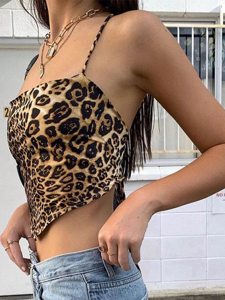 Leopard Pattern Backless Sexy Sleeveless Cross Lace-Up Bralette Crop Top Rave Streetwear