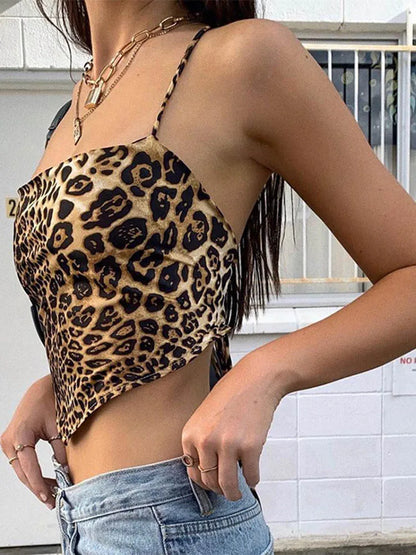 Leopard Pattern Backless Sexy Sleeveless Cross Lace-Up Bralette Crop Top Rave Streetwear