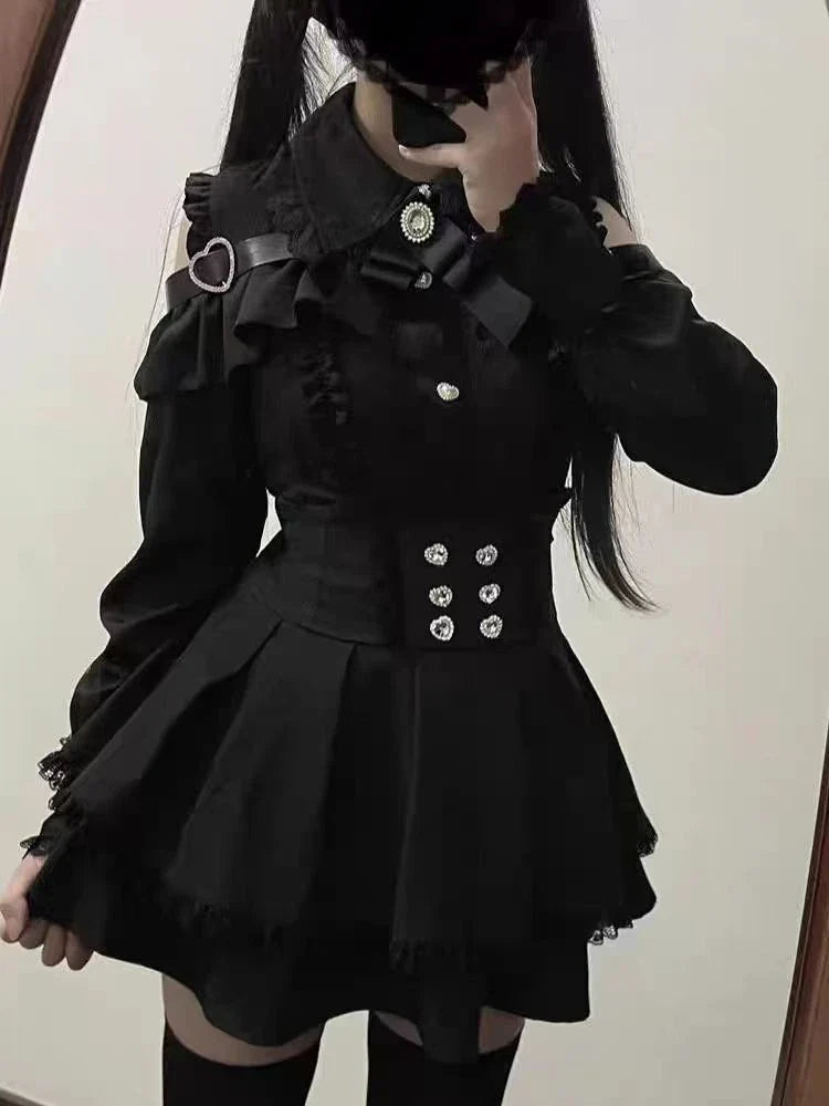 Harajuku Sweet Bow Black Plaid Dresses All-match Slim Fit Kawaii Lolita Dress
