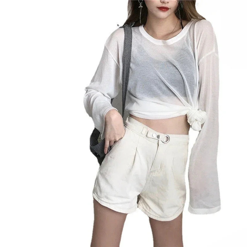 Crew Neck Long Sleeve Loose Sheer Patchwork Tee