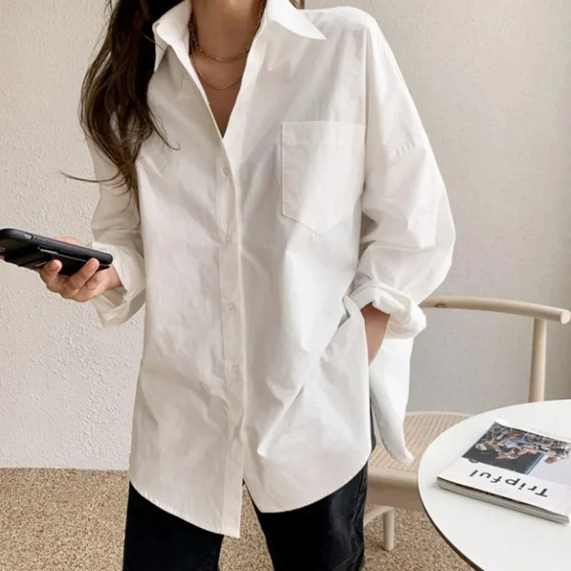 Turn-Down Collar Long Sleeve Cotton Blouse