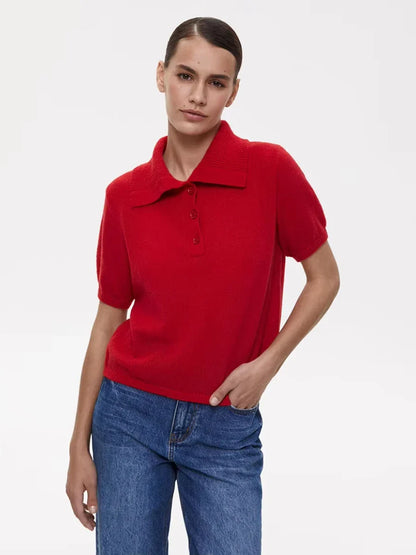 Polo Collar Knit Top Puff Sleeve Hollow-Out Loose Fit