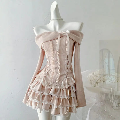V-Neck Lace Knit Sweater Long Sleeve Loose Fit Pullover with Bow Detail