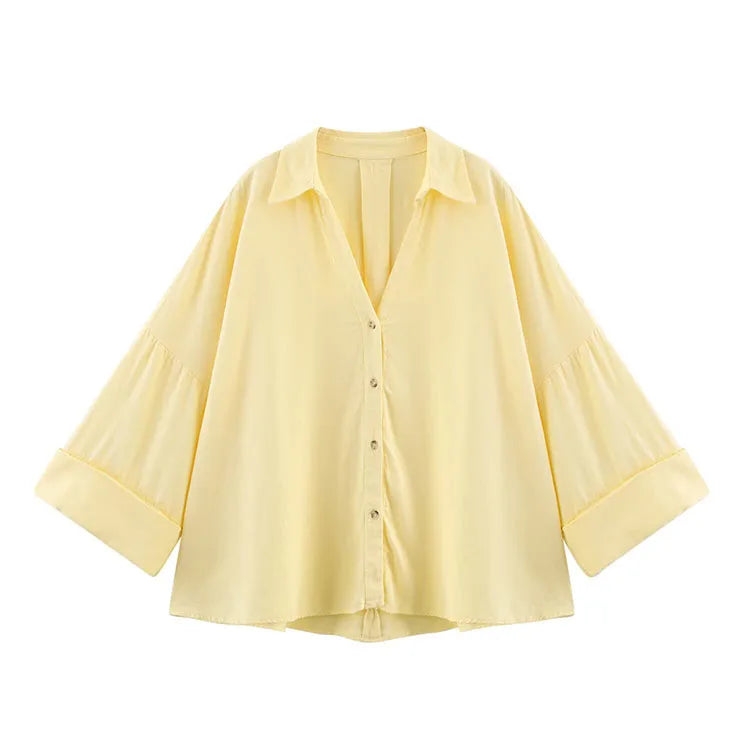 Women's Wide Sleeve Linen Shirt - Asymmetric Hem Button-Up Blouse