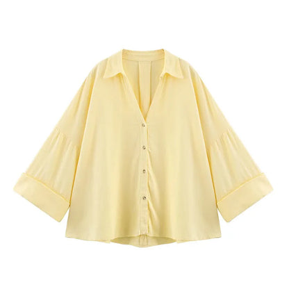 Women's Wide Sleeve Linen Shirt - Asymmetric Hem Button-Up Blouse