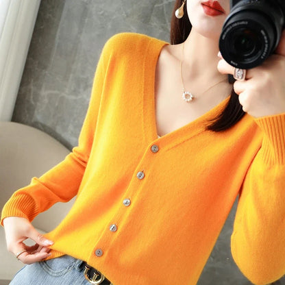 Women's V-Neck Knitted Cardigan - Loose Fit Button-Up Sweater