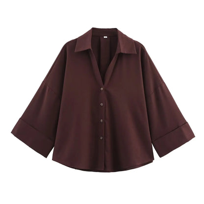 Women's Wide Sleeve Linen Shirt - Asymmetric Hem Button-Up Blouse