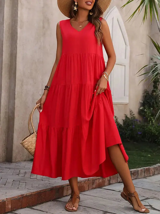 Women's Casual A-Line Tank Dress - V-Neck Sleeveless Midi Dress