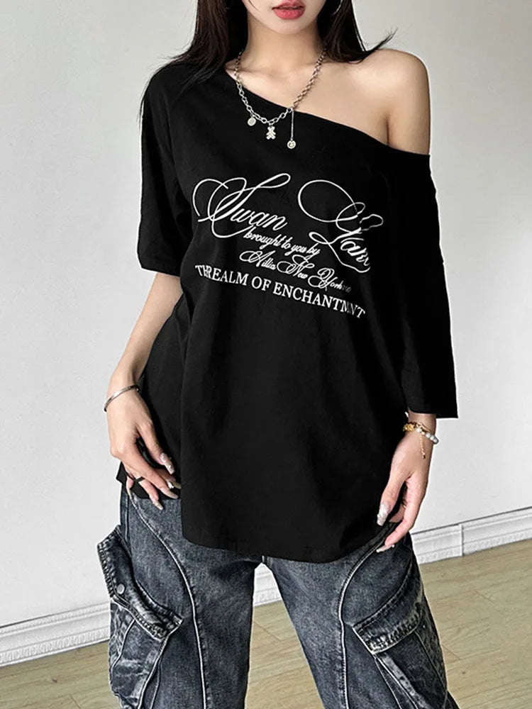 Skew Collar Drop Shoulder Letter Print Oversized Long Tee