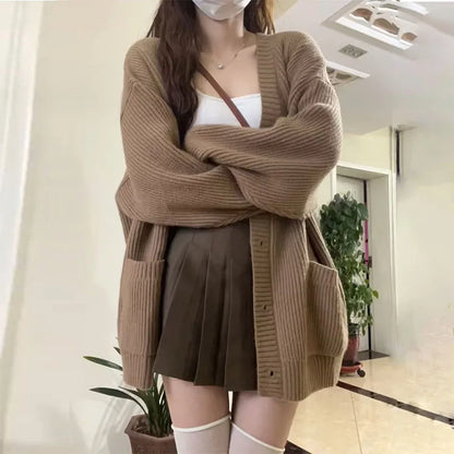 Women's Korean Style V-Neck Cardigan - Loose Fit Knit Sweater