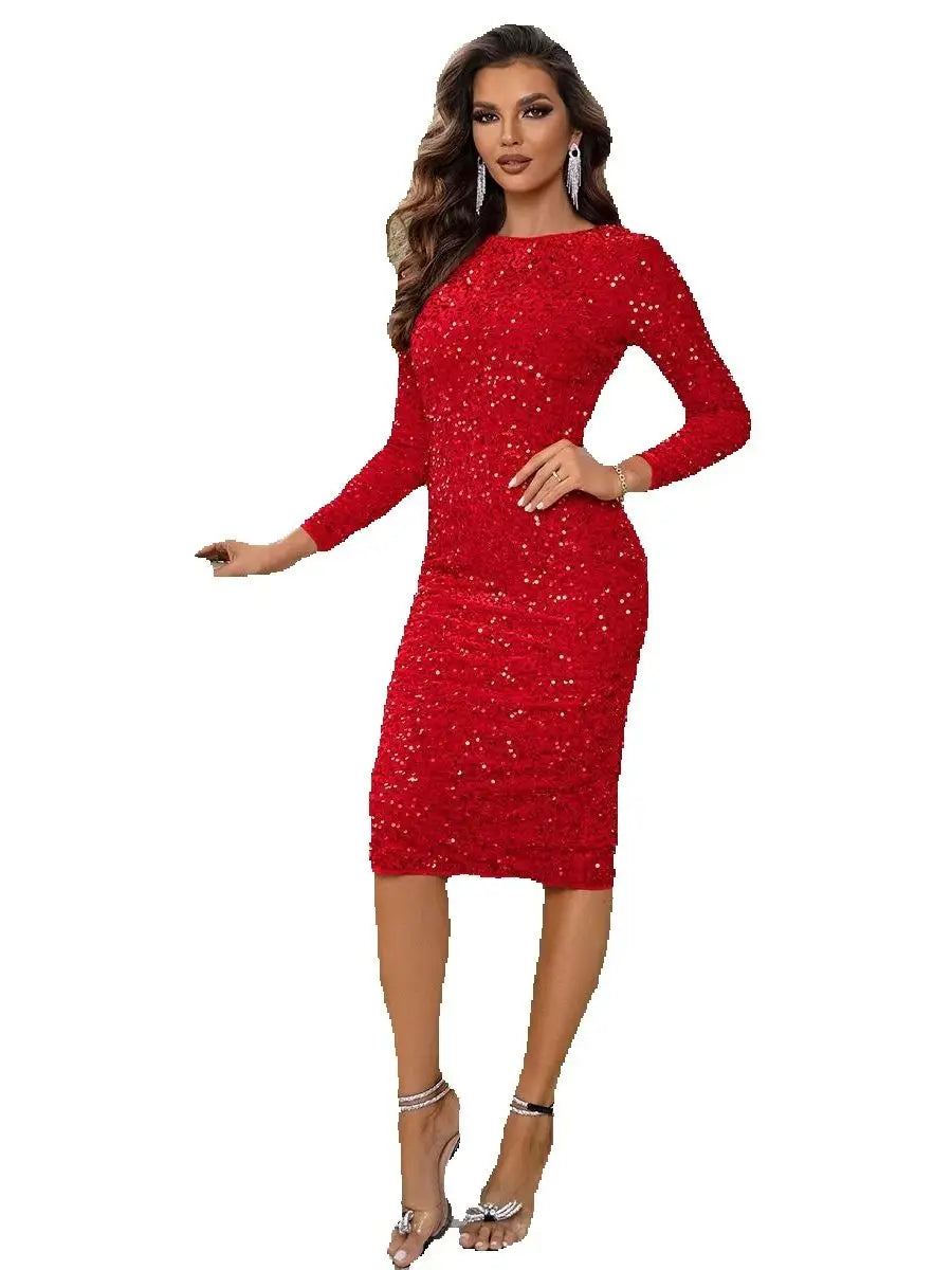 Sequined Long Sleeve Side Split Maxi Dress