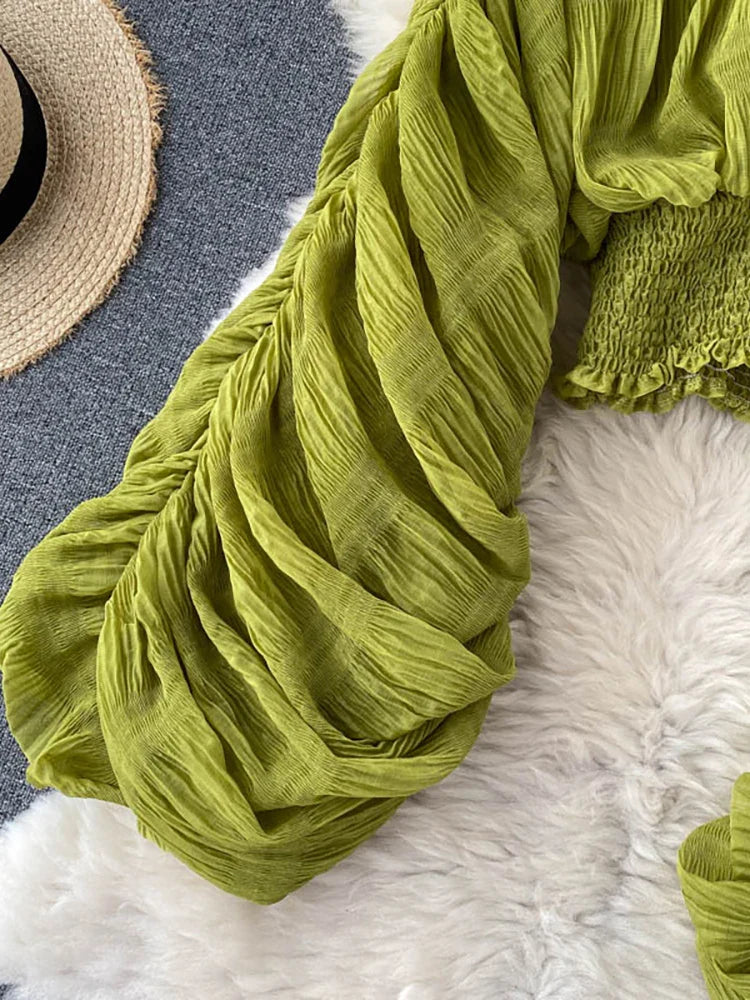V-Neck Puff Sleeve Draped Chiffon Top